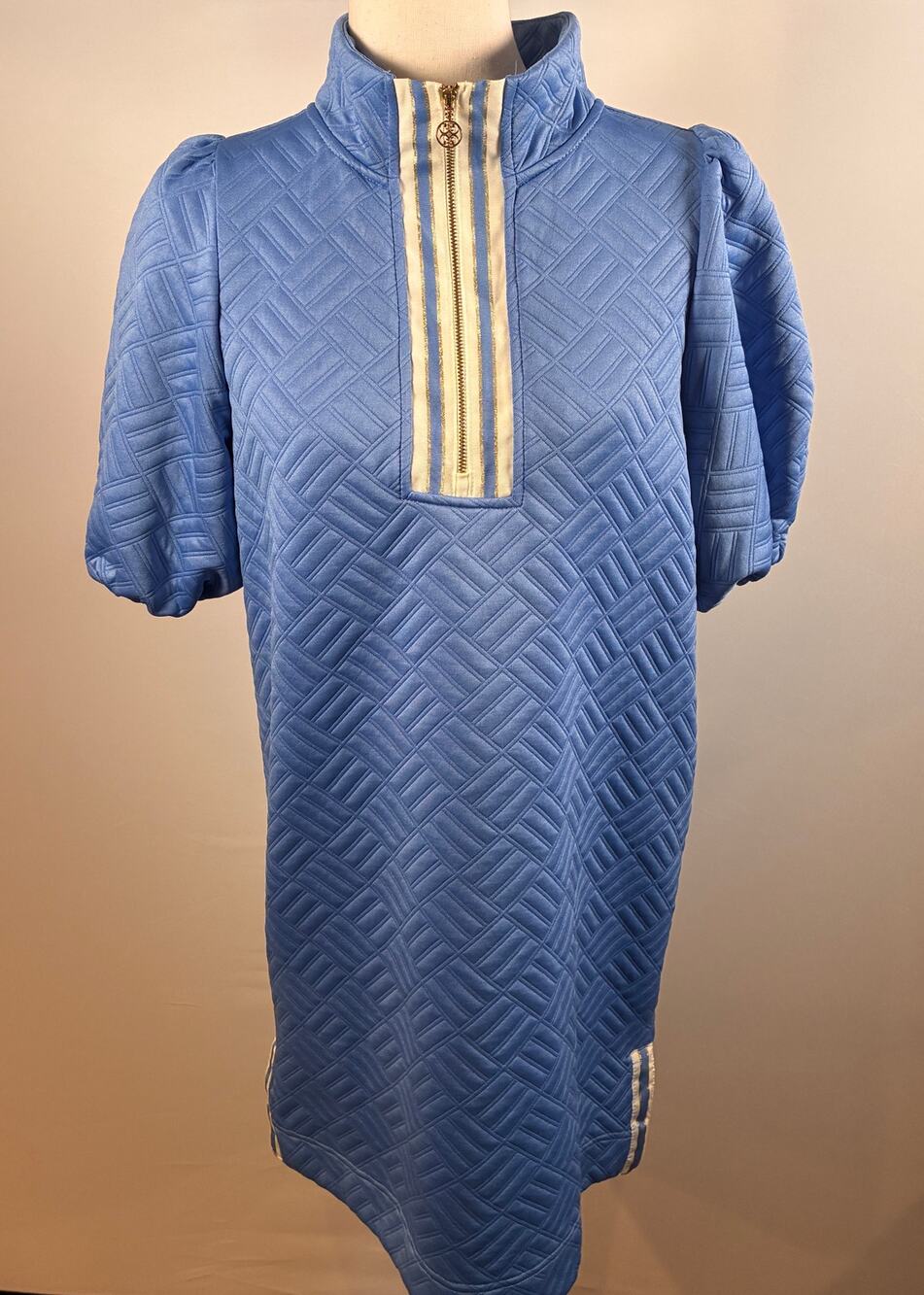 Mary Square Blue Quilted Half Zip Shift Dress Puff Sleeve Metallic Gold Accent S